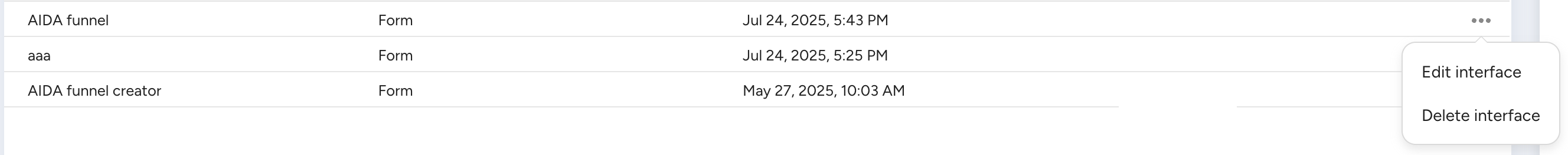 Delete interface menu option