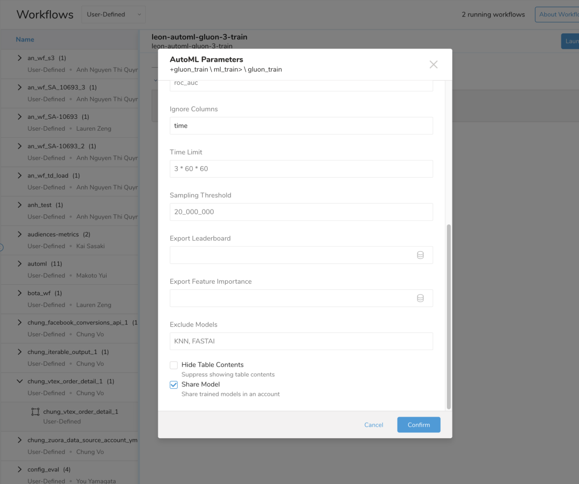 AutoML workflow parameter share_model set to True