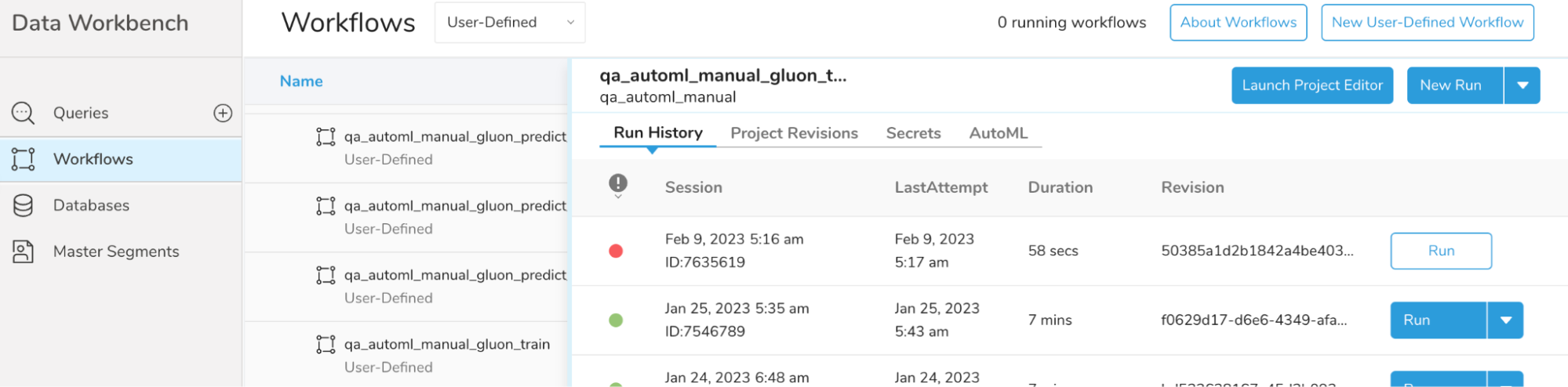 Workflow run history list in Data Workbench